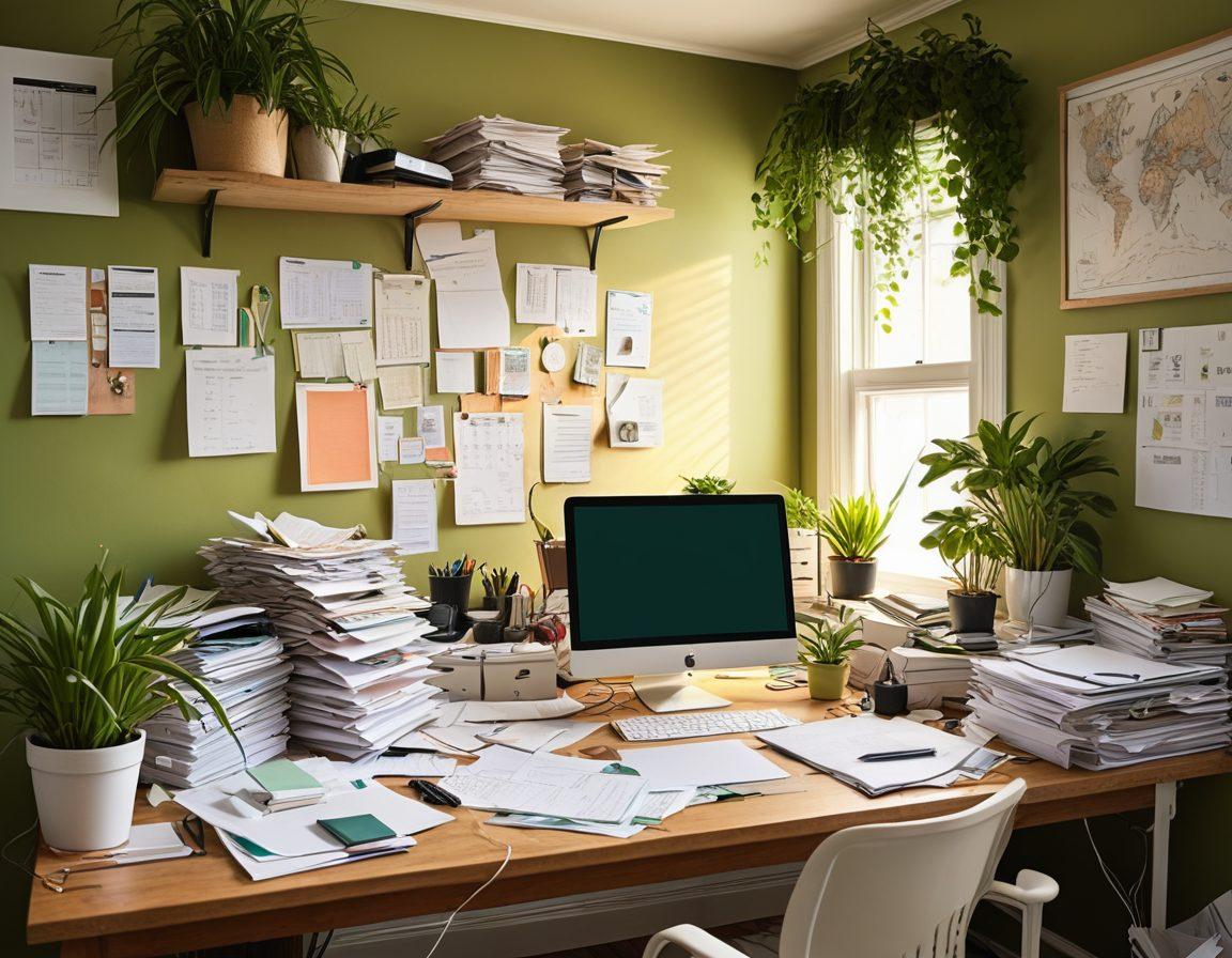 A visually striking transformation scene showcasing a chaotic, cluttered desktop on one side, with piles of papers, tangled wires, and overflowing files, transitioning to a clean, organized workspace on the other side, featuring a sleek computer, neatly arranged stationery, and soothing plants. Incorporate a soft, warm light illuminating the clear side to evoke a sense of calm and order, while the cluttered side is in shadow. modern, vibrant colors, digital art.