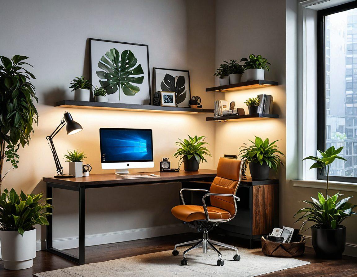 A visually stunning desktop setup featuring a sleek, modern computer with vibrant backlighting, surrounded by personalized decorations like plants, artwork, and unique gadgets. Include a cozy chair and a stylish desk with organizational tools, blending functionality and aesthetics. The scene should evoke a sense of creativity and comfort, inviting viewers to imagine their own customized workspace. super-realistic. warm colors. modern design.